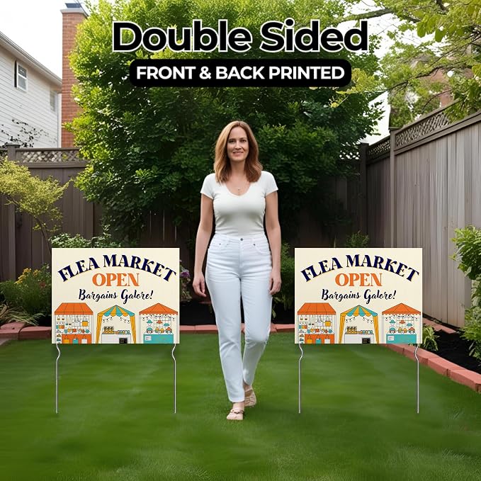Flea Market Open - Bargains Galore! Yard Sign by DC | 24"x18" Double Sided Conv. Store Garden Sign with 13” Metal Stakes | Outdoor Signs Waterproof for Lawn, Patio, Sidewalk & House | Set of 2