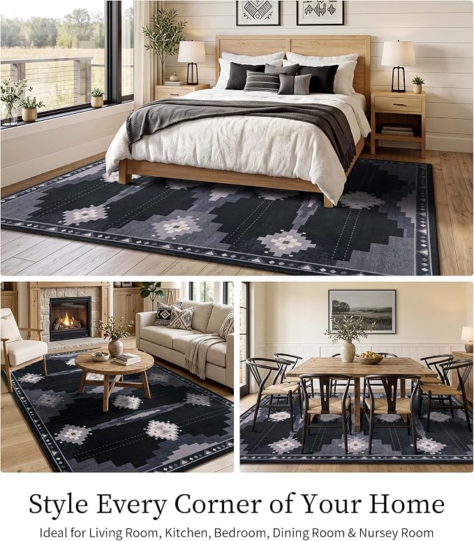 6'x9' Washable Area Rug for Living Room, Black and Grey Western Aztec Rug | Soft, Non-Slip, Low Pile, Tribal Geometric Design, for Boy Bedroom Dining Room Playroom, Stain Resistant
