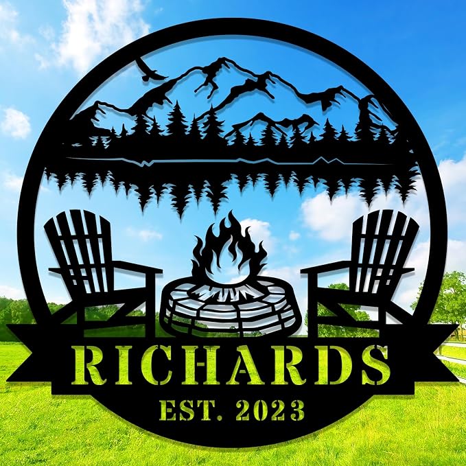 Personalized Campfire Metal Sign, Custom Family Name Camping Wall Art with Adirondack Chairs & Mountain Design, Outdoor Camp Decor, Rustic Cabin Lake House Sign, Established Year Gift