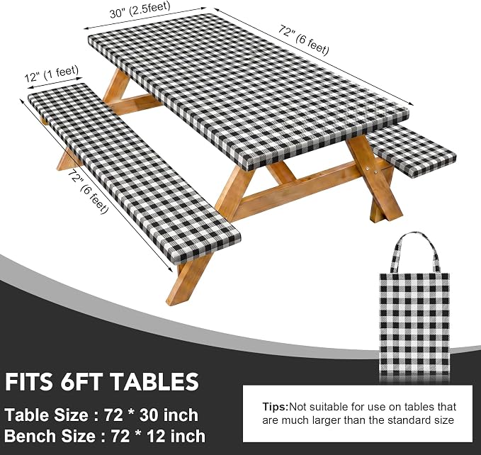 Dntorx Picnic Table Cover with Bench Covers and Bag 72in, Black | Waterproof, Windproof, Elastic Edges Fitted Rectangle, Camping Tablecloth, RV Gear Campers Must Have