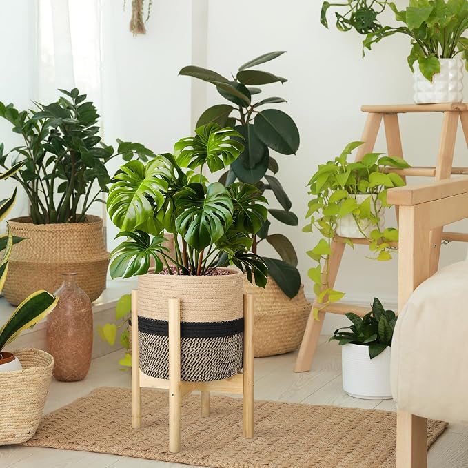 Plant Basket with Stand Indoor Planter Pot Holder Sturdy Jute Rope Modern Woven Basket, Cotton Rope Woven Pot with Bamboo Stand(10 Inch,Black and Beige Stripes)