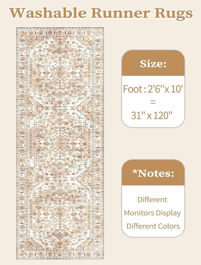 SERISSA 2'6"x10' Washable Non Slip Boho Runner Rug for Hallway，Peach Cream | Ultra Soft Vintage Oriental Carpet Low-Pile Tribal Floor Carpet for Kitchen Bedroom Bathroom Laundry Room