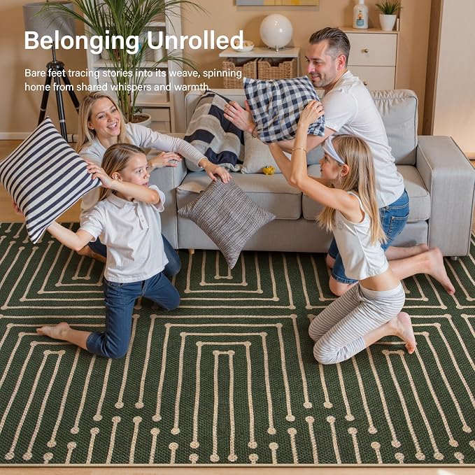 Lahome Green 3x5 Entryway Rug, Non Slip Maze Line Easy Jute Washable Rug | Modern Low Pile Non Shedding Lightweight Indoor Outdoor Carpet for Balcony Porch