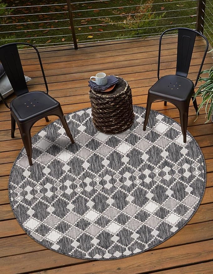 Unique Loom Outdoor Trellis Collection Area Rug - Traliccio (3' Round, Charcoal/ Ivory)