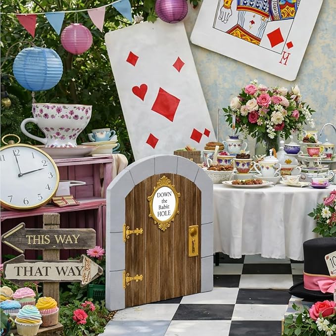 Preboun Wonderland Tea Party Decor Outdoor Down The Rabbit Hole Garden Decor Yard Sign Vintage Gold Oval Tea Party Decoration for Wonderland Birthday Baby Shower Lawn Garden(Door)
