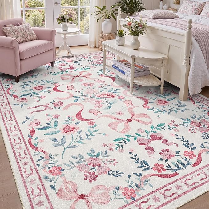 DCX Washable 5x7 Bow Rug, Pink Floral Rug for Girls’ Bedroom, Cute Soft Low Pile Indoor Décor Carpet, Kid & Pet Friendly Nursery Rug for Living Room, Dorm, Playroom