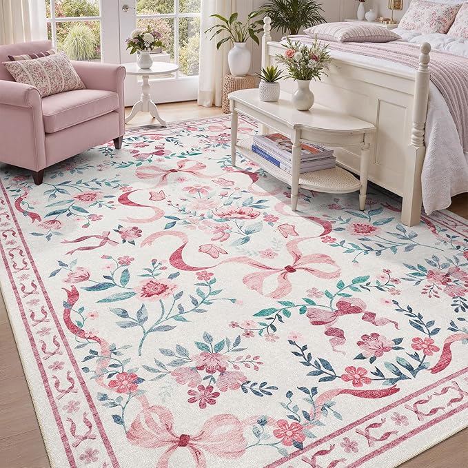 DCX Washable 8x10 Bow Rug, Pink Floral Rug for Girls’ Bedroom, Cute Soft Low Pile Indoor Décor Carpet, Kid & Pet Friendly Nursery Rug for Living Room, Dorm, Playroom