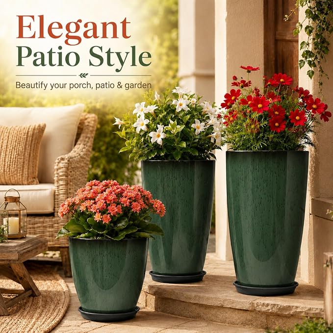 Neoaider Set of 3 Tall Planter, 24/21/12in Large Plastic Planter, DarkGreen | Ceramic-Look, Lightweight, Built-in Drain Hole, Saucers, Tall Outdoor Planter for Porch, Garden, Patio, Balcony