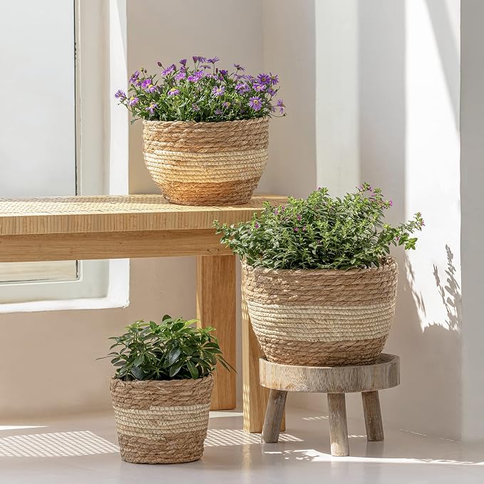 LA JOLIE MUSE Seagrass Planter Basket Indoor Outdoor, Flower Pots Cover, Plant Containers, Beige, 10 inch