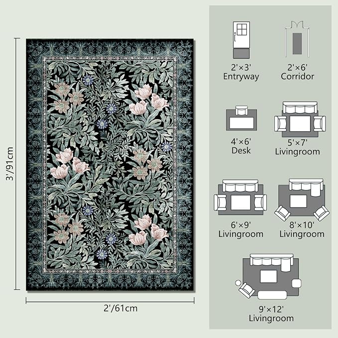 Washable Entryway Area Rugs 2x3 Black Green Vintage Floral Botanical Pattern,Perfect for Soft Door Mat Indoor Entrance, Ultra-Thin Easy Clean Small Throw Carpet for Bedroom Bathroom