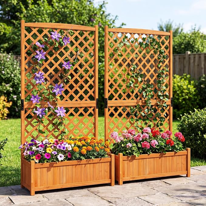 Giantex 2 Pcs Raised Garden Bed with Trellis, 71" Wooden Elevated Planter Box, High Trellis for Plant Flower Climbing Pot Hanging, Indoor & Outdoor Planter Box for Yard, Garden, Balcony
