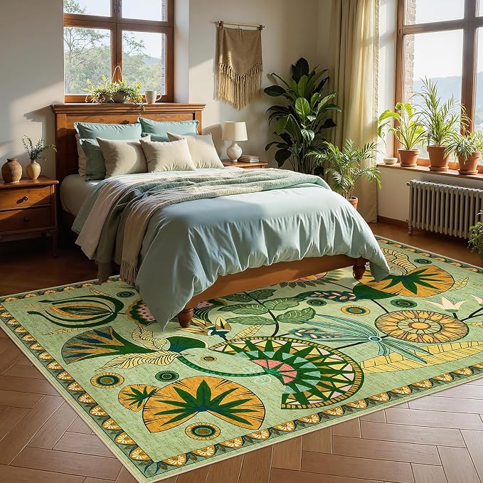 Joydeco Egypt Floral Boho Washable 5x7 Rug for Bedroom Nursery Living Room | Sage Green Botanical Colorful Non Slip Soft Stain Resistant Flower Indoor Carpet for Dining Room Entryway Guest Room Playroom