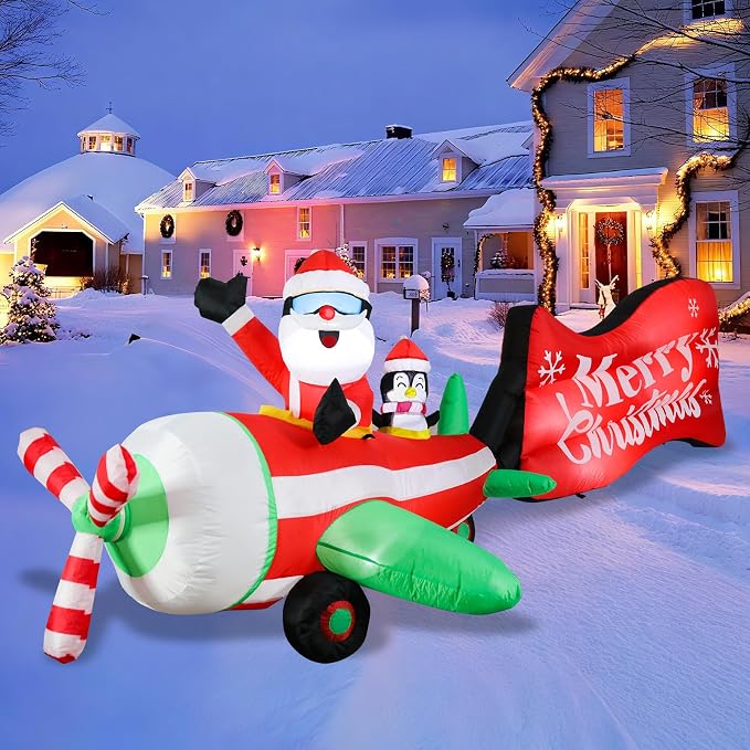 MUMTOP Christmas Inflatable Outdoor Decoration - 10FT Inflatable Santa and Penguin on Animated Helicopter with Rotating Propeller and Merry Christmas Banner Blow Up Inflatables for Garden Yard Decor