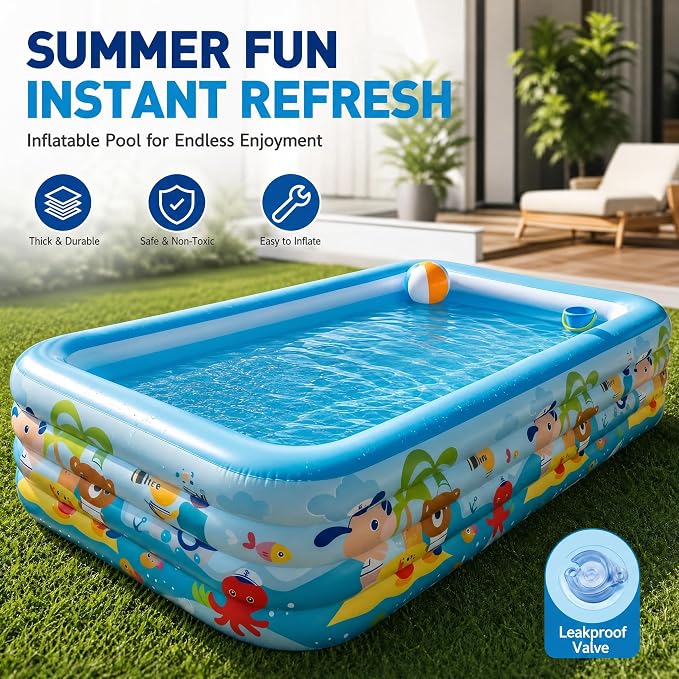 Heavy Duty 4-Ring Inflatable Family Pool 118x69x26 Inches Blow Up Swimming Pool for Backyard Garden Summer Water Party