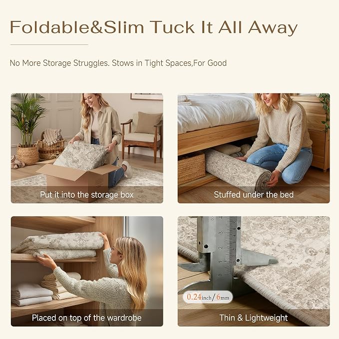 Beige Runner Rug 2x6 Kitchen Neutral Vintage Non-Slip Carpet | Machine Washable, Soft, Low Pile, Distressed, for Hallway, Entryway, Laundry Room, Bathroom, Retro Home Decor