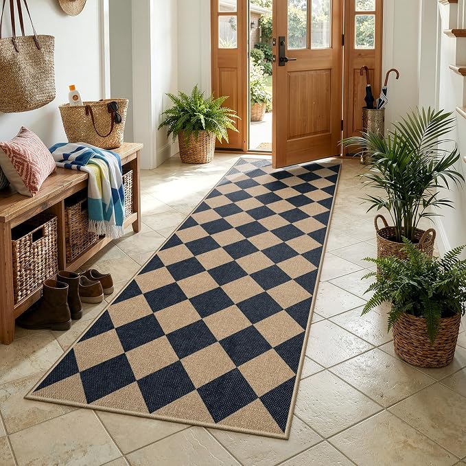 Lahome Checkered Easy Jute Non Slip Kitchen Runner, 2'6"x8' Washable Hallway Runner Rug Outdoor Black Carpet for Entryway Indoor, Checkerboard Indoor Outdoor Carpet for Hallway 8ft Entry
