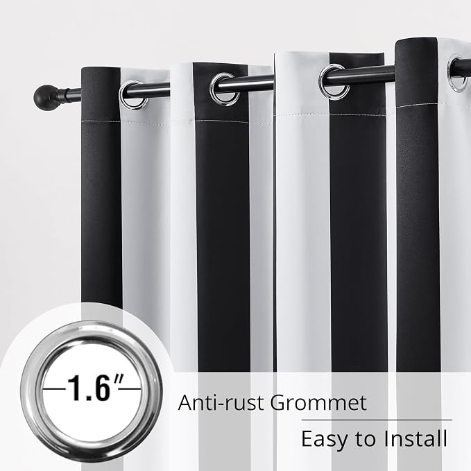 Black and White Striped 100% Blackout Sliding Door Curtains, Thermal Insulated Noise Reducing Room Divider Curtain for Patio Door, Modern Vertical Stripe Wide Drapes, 1 Panel, W100×L84