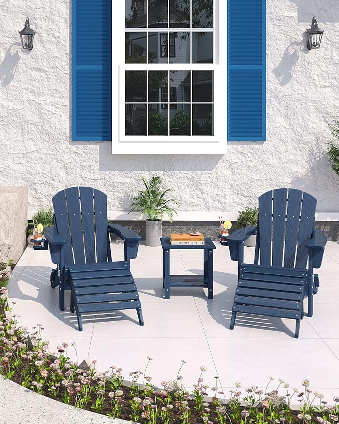 GarveeLife Folding Adirondack Chair Set of 4 with 2 Side Table, All-Weather HDPE Outdoor Chair, Wooden Textured with Cup Holder for patios, Decks, Gardens, fire pits, Navy Blue