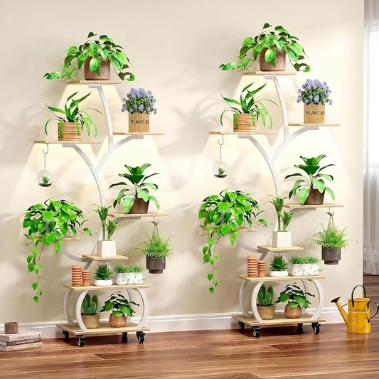 VINGLI Plant Stand Indoor 2-Pack, 48" Small Space Indoor Plant Shelf with Full Spectrum Grow Lights, Mobile 8-Tier Tree-Shaped Display Rack Set of 2, for Living Room, Balcony & Office, White and Oak