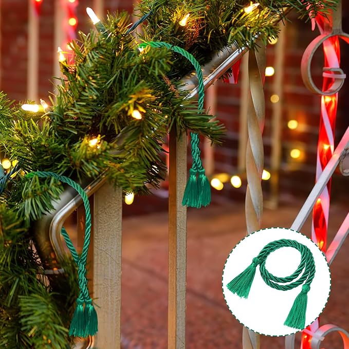 Dingion 20 Pcs Christmas Garland Decorative Banister Ties with Tassel 25.2 Inches Christmas Reusable Twist Ties for Garland Fireplace Staircase Banister Home Xmas Holiday Decorations(Green)