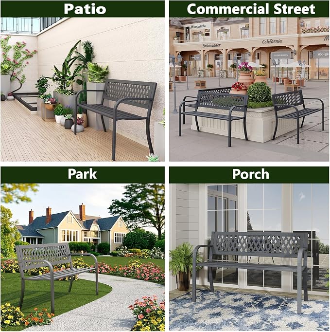 Outdoor Bench 2 Pack, 47" Garden Bench with Plastic Backrest | 2-Person Outdoor Seating Park Bench for Porch, Patio, Lawn, Deck and Entryway, Black
