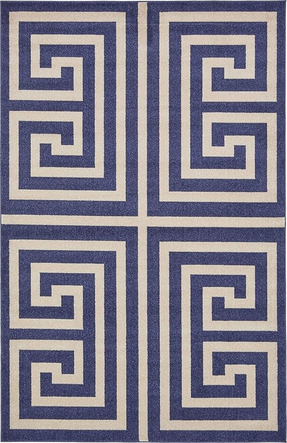 Unique Loom Athens Collection Classic Geometric Modern Border Design Area Rug (6' 0 x 9' 0 Rectangular, Navy Blue/ Beige)