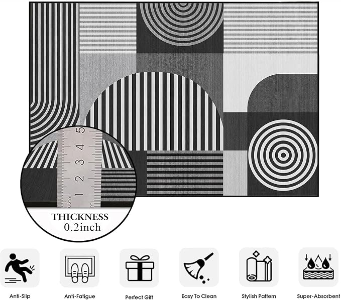 Grey Geometric 2x6 Runner Rug for Hallway Kitchen Bedroom Black White Mid Century Modern Machine Washable Rug Non Slip Low Pile Gray Minimalist Runner Rugs Long Floor Mat Carpet for Laundry