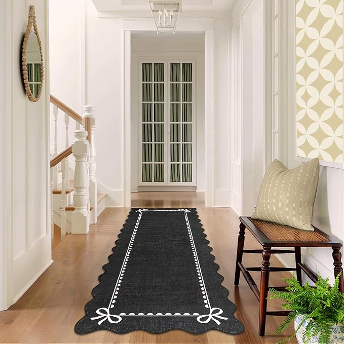 GarveeHome Scalloped Hallway Runner Rug 2.5x10 Non Slip Black Pink Rugs | Washable Bow Rug for Girls Bedroom Dorm Nursery Entyrway Kitchen, Soft Low Pile Ultra-Thin Stain Resistant Indoor Carpet