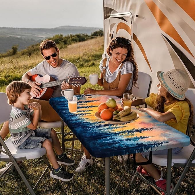 Picnic Table Cover with Bench Covers and Bag, Forest Sunset Camping Essentials Waterproof Windproof, Fitted Tablecloth Cover with Elastic Edge, for Indoor & Outdoor, Camping, 3 Pieces Set, 30x96 IN