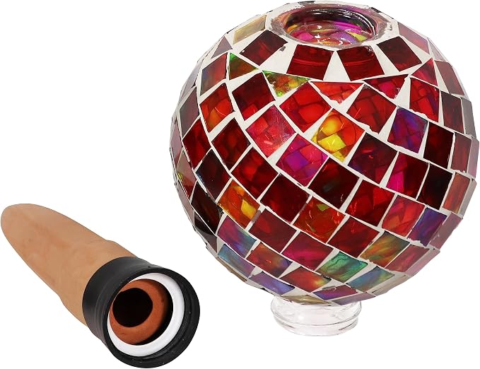 Sunnydaze Mosaic Glass Plant Watering Globe with Clay Spike - Decorative Self-Watering Planter Insert - Water Dripper for Plants - 9.5" - Magenta Medley