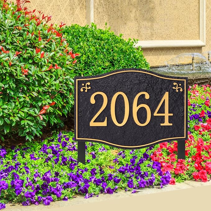 Personalized Address Plaque Sign - LAWN MOUNTED, House Address Signs for Outside Use for House,Apartment,Office,Yard (Black/Gold)