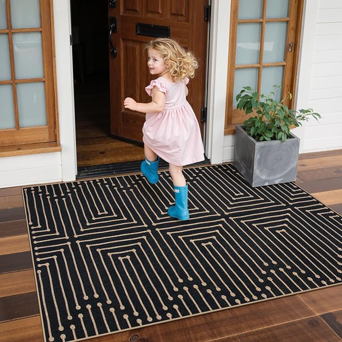 Lahome 3x5 Easy Jute Rugs for Entryway, Black and White Outdoor Rug | Modern Maze Lines Indoor Outdoor Patio Rug, Non Slip Stain Resistant Front Door Carpet for Porch Balcony