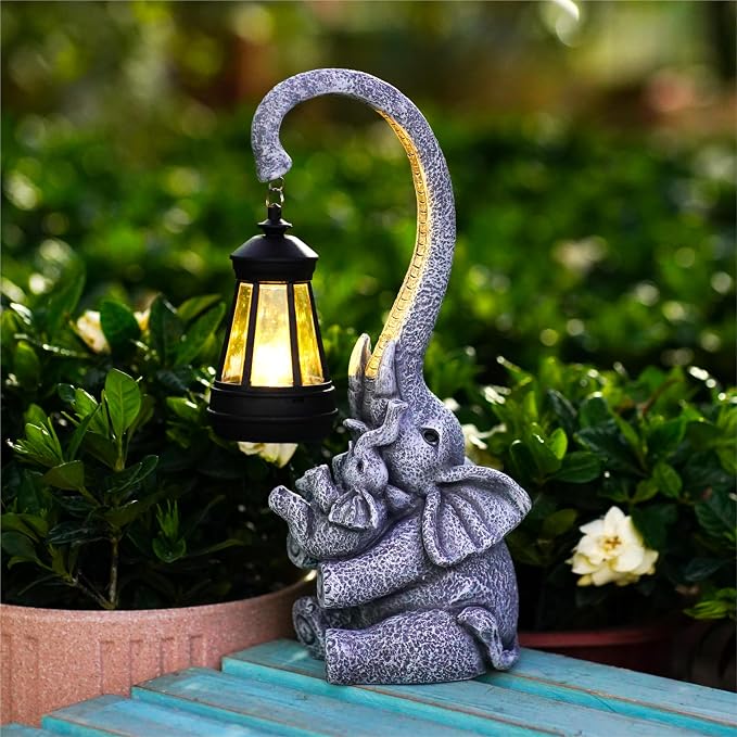 Pohabery Elephant Outdoor Statues with Cute Baby Garden Decor, Resin Elephant Figurines with Solar Lantern Outdoor Decoration Gifts for Mothers Day, Birthday Day