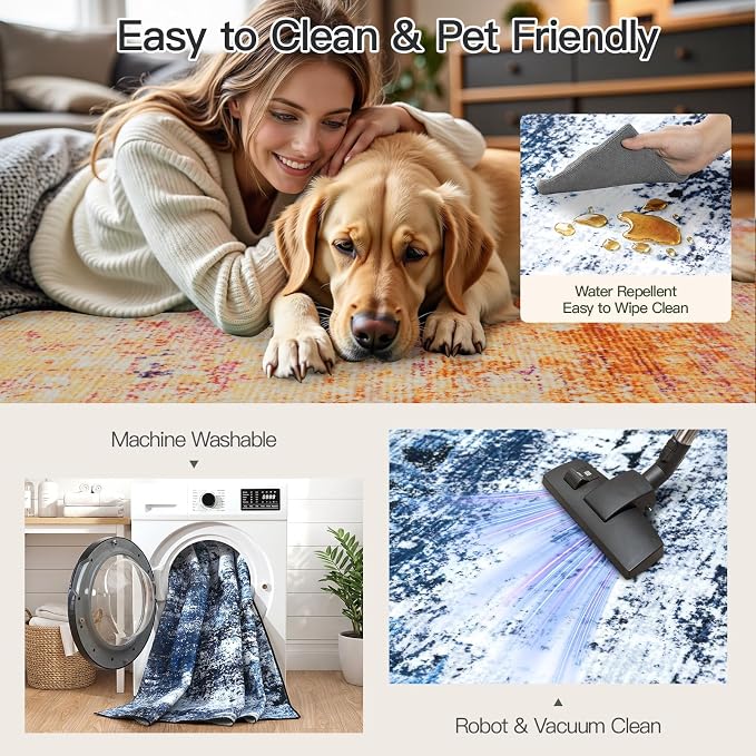 8x10 Area Rug for Living Room, Abstract Washable Large Rugs, Blue Gray | Soft Neutral Carpet for Bedroom, Dining Room, Home Office Nursery Indoor, Stain Resistant, Non-Slip, Low Pile Modern Rug