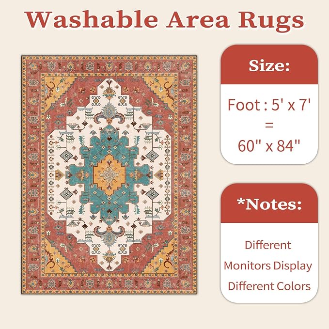SERISSA 5x7 Washable Non Slip Boho Area Rug for Living Room，Orange | Ultra Soft Vintage Oriental Carpet Low-Pile Distressed Tribal Throw Carpet for Bedroom Dining Room Dorm Office Home Decor