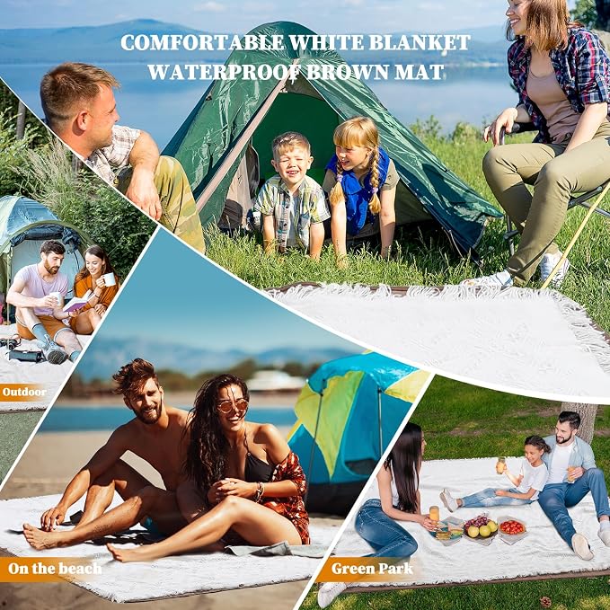 2-in-1 White Picnic Blanket, Extra-Large Waterproof Picnic Mat,Outdoor Blanket for Camping, Beach, Park,Portable Double-Layer Design (71"x71",T-Grid)