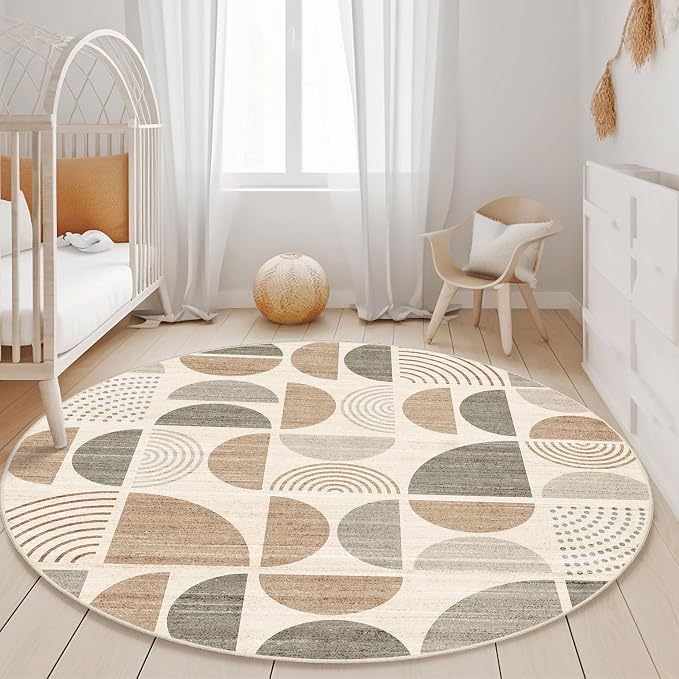 Round Rugs 5ft,Circle Area Rug Washable Non Slip Modern Abstract | Circular Rugs for Bedroom Living Room Dining Room Boho Throw Carpet Soft Low Pile Floor Indoor Bohemian Neutral Beige