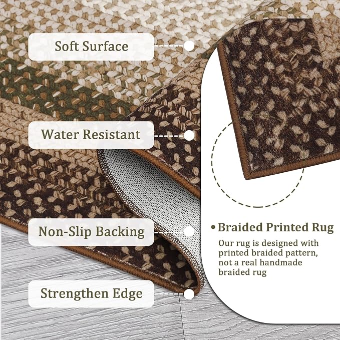 RUGSREAL 5x7 Bedroom Rug Braided Machine Washable Living Room Area Rugs | Modern Braid Printed Throw Carpet for Dining Room Non Slip Large Entry Farmhouse Rug for Home Decor, Moss/Brown