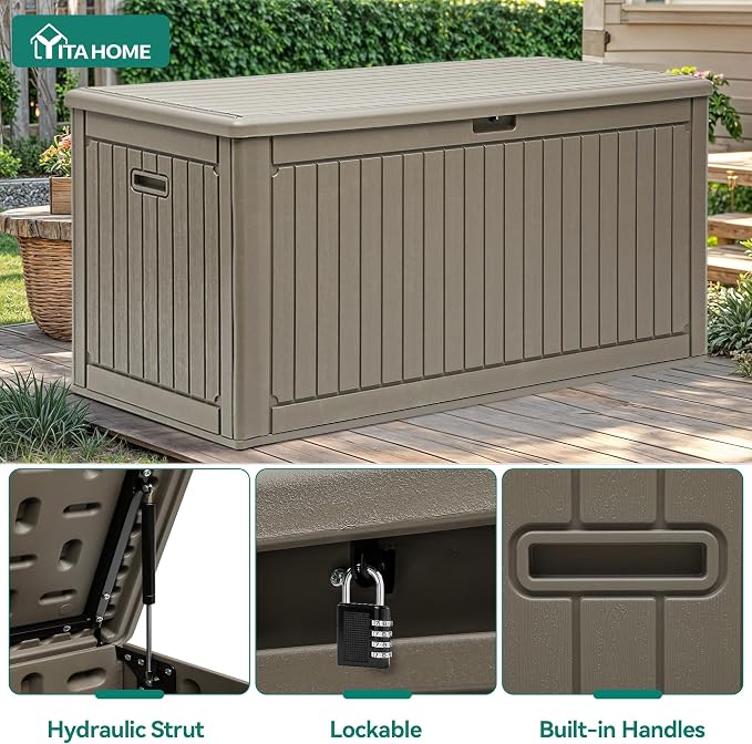 YITAHOME 320 Gallon Double-Wall Deck Box with Divider & Side Handles, Outdoor Large Storage for Patio Furniture Cushions, Garden Pool Accessories, Water Resistant & Lockable