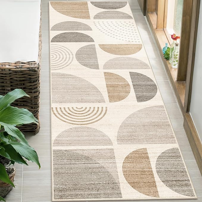 Boho Runner Rug Washable,2x6 Area Rugs Non Slip Modern Abstract | Long Throw Carpet for Hallways Kitchen Bathroom Bedroom Entryway Laundry Soft Low Pile Floor Indoor Bohemian Neutral Beige