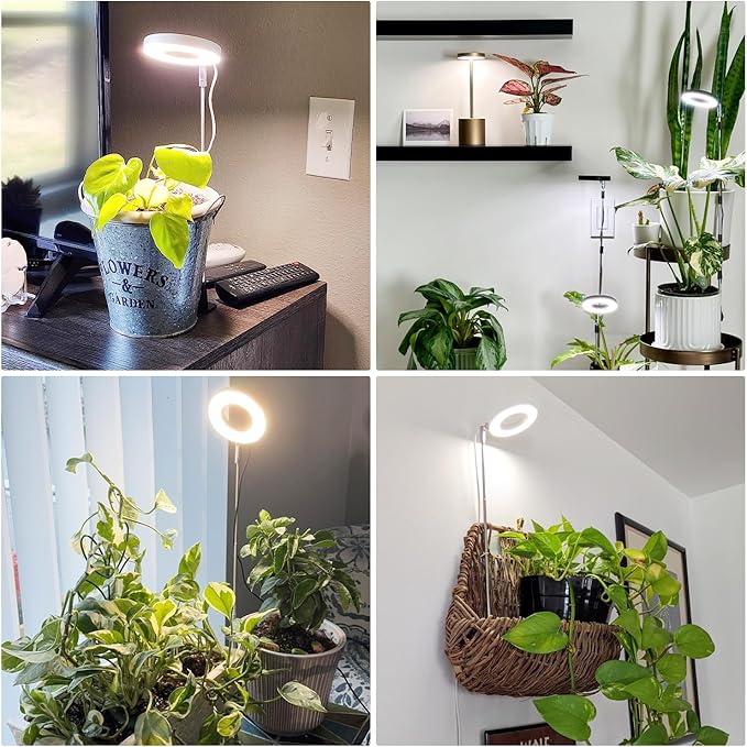 Aokrean Halo Grow Lights with Base for Indoor Plants Growing, Full Spectrum | 48 LEDs White 1-Pack, 2 Installation Ways, 6.5-26 in Height Adjustable, 3 Lighting Modes, Auto Timer 3/9/12Hrs, 10 Brightness