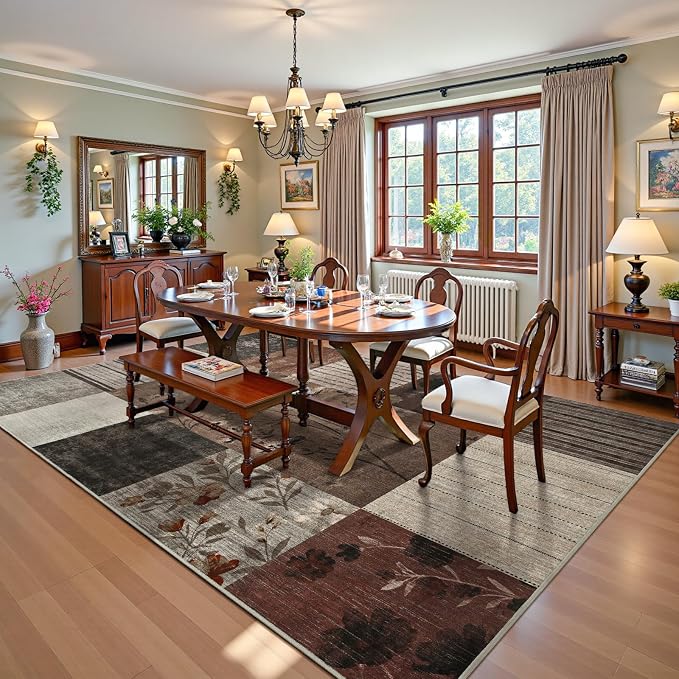 DweIke Area Rugs 5'x7' Washable Brown Rug for Living Room, Non-Slip Modern Geometric Patchwork Stain Resistant Indoor Throw Carpet for Bedroom Dining Room Farmhouse Office Decor