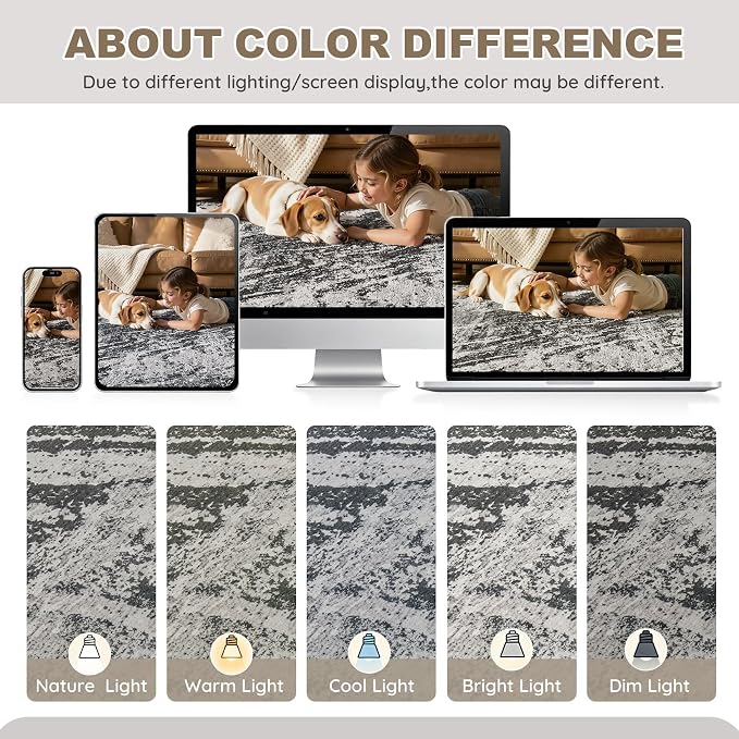 DMOYEST 8x11 Area Rug for Living Room Washable Abstract Indoor Carpet | Neutral Modern Low Pile Rugs Kid & Pet Friendly Large Soft Thin Carpet for Bedroom Dining Room and Office - Light Black