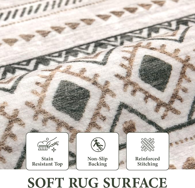Area Rug Living Room Rugs 5x7 - Large Soft Boho Geometric Rugs, Non-Slip Foldable Washable Area Rug Non Shedding Morden Indoor Floor Carpet for Living Bedroom Office Dining Room(Brown Green,5'x7')