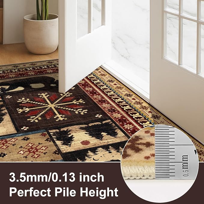 LOKHOM 8x10 Rustic Cabin Area Rug, Non-Slip Washable Western Lodge Bear Rug | Bear Pattern, Low Pile, Soft Vintage Wildlife Accent Floor Carpet, For Living Room Bedroom Entryway Nursery