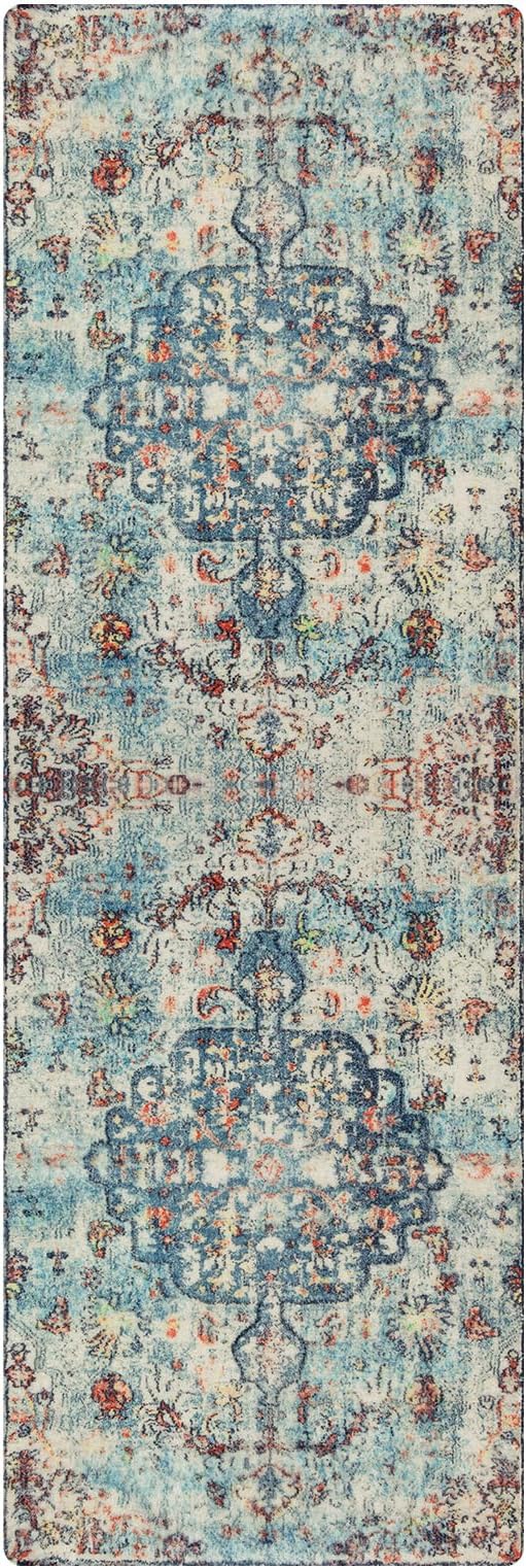 Lahome Reine Bohemian Floral Medallion Runner Rug - 2x6 Hallway Laundry Rug Runner Washable Kitchen Sink Mat Distressed Turkish Non-Slip Soft Bedside Carpet for Doorway Bedroom, Vintage Teal/Multi
