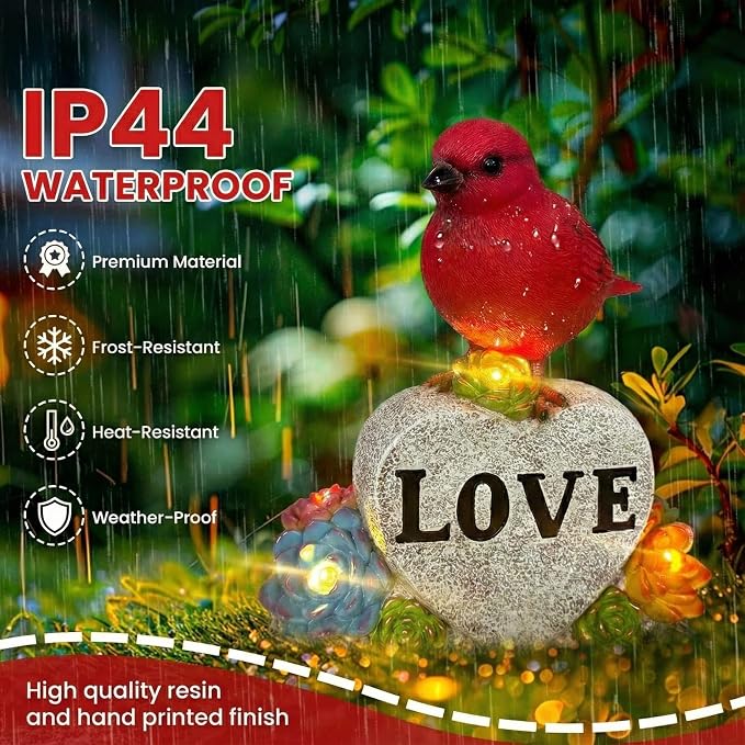 Solar Cardinal Decor Red Bird with Glowing Succulents Love Heart Stone Remembrance Garden Figurine Decor for Outdoor Yard Patio Lawn Sympathy Gifts for Mother Grandma Women Wife Sister