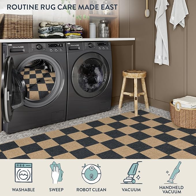 Lahome Colette Checkered Easy Jute Runner Rug, 2x6 Kitchen Runner Rug Non Slip Washable Outdoor Carpet for Entryway Indoor, Checkerboard Black Indoor Outdoor Carpet Runners for Hallway 6ft Entry
