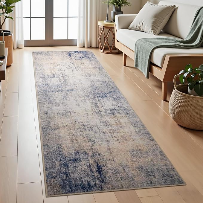 Joydeco 2x6 Runner Rug Modern Abstract Machine Washable Rug – Low Pile Faux Wool with Non-Slip Backing, Neutral Print Carpet Runner for Hallway, Kitchen, Entryway, Laundry and Bedroom, Beige&Blue&Pink