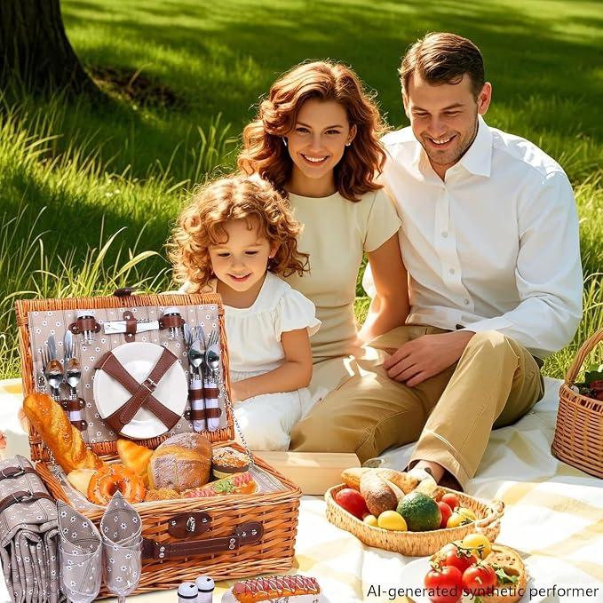 Picnic Basket Set for 4 with Waterproof Blanket Mat Insulation Bag Wicker Floral Brown Classic Fresh for Christmas Thanksgiving Wedding Birthday Camp Outdoor Beach Travel